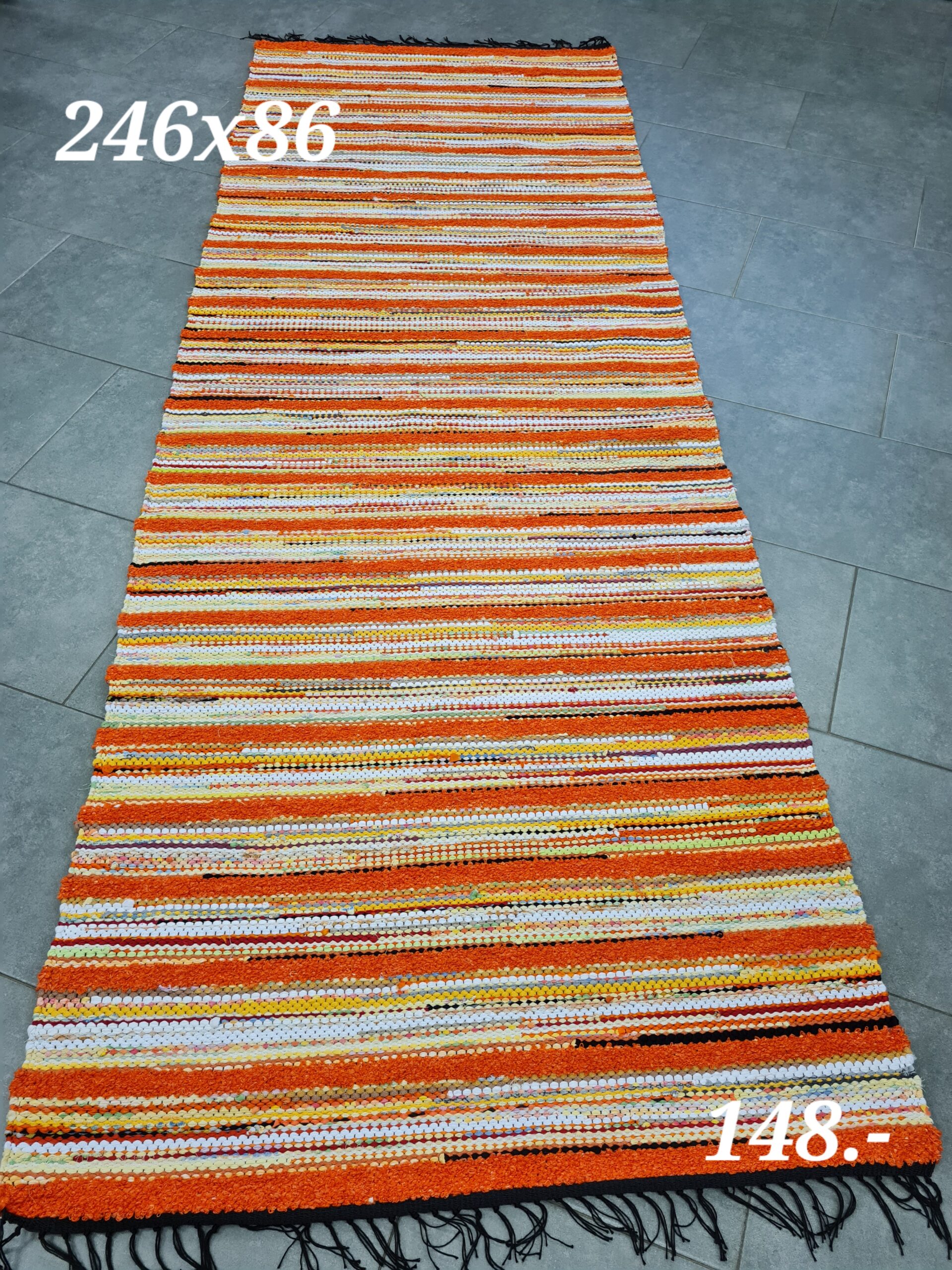 Kaltsuvaip (oranž triip-valge-kollane, 246 x 86 cm)